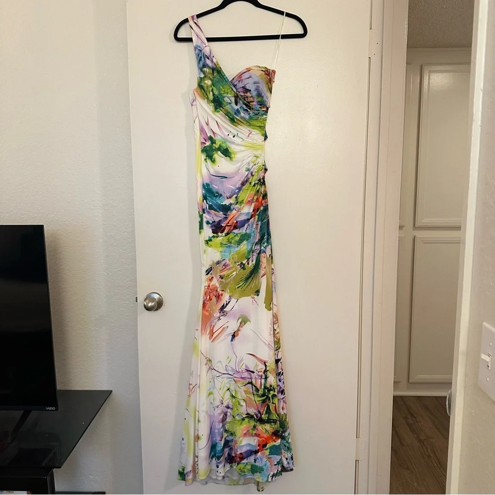 Jovani Watercolor Floral One Shoulder Jersey Evening Gown Formal Prom Dress - Picture 1 of 5